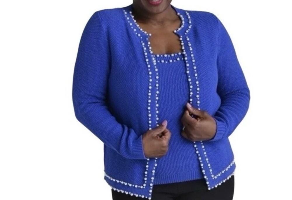 Kate & Mallory Blue Pearl Embellished Knit Cardigan Tank Set Size Lg